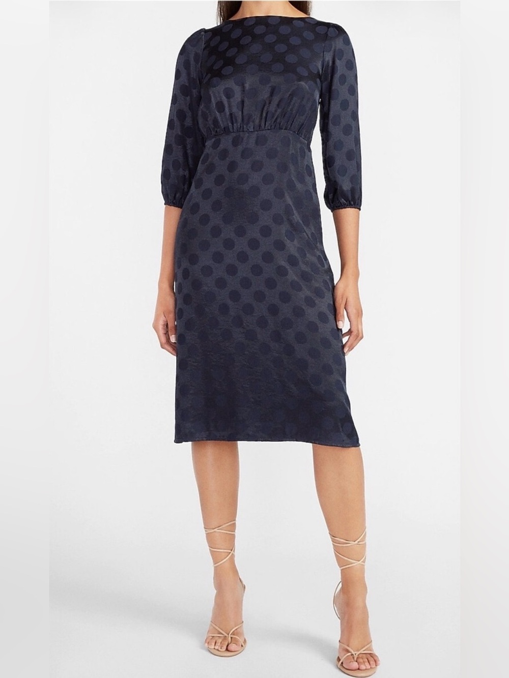 Express Women’s Navy Jacquard Polka Dot Career Workwear Medium Midi Dress - Picture 2 of 11
